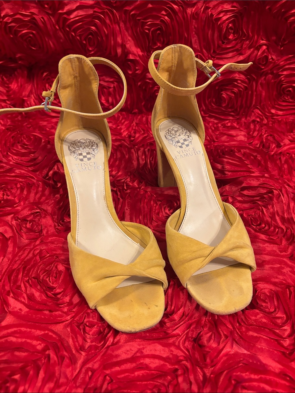Vince Camuto Yellow Suede Ankle-Strap Block Heel Sandals